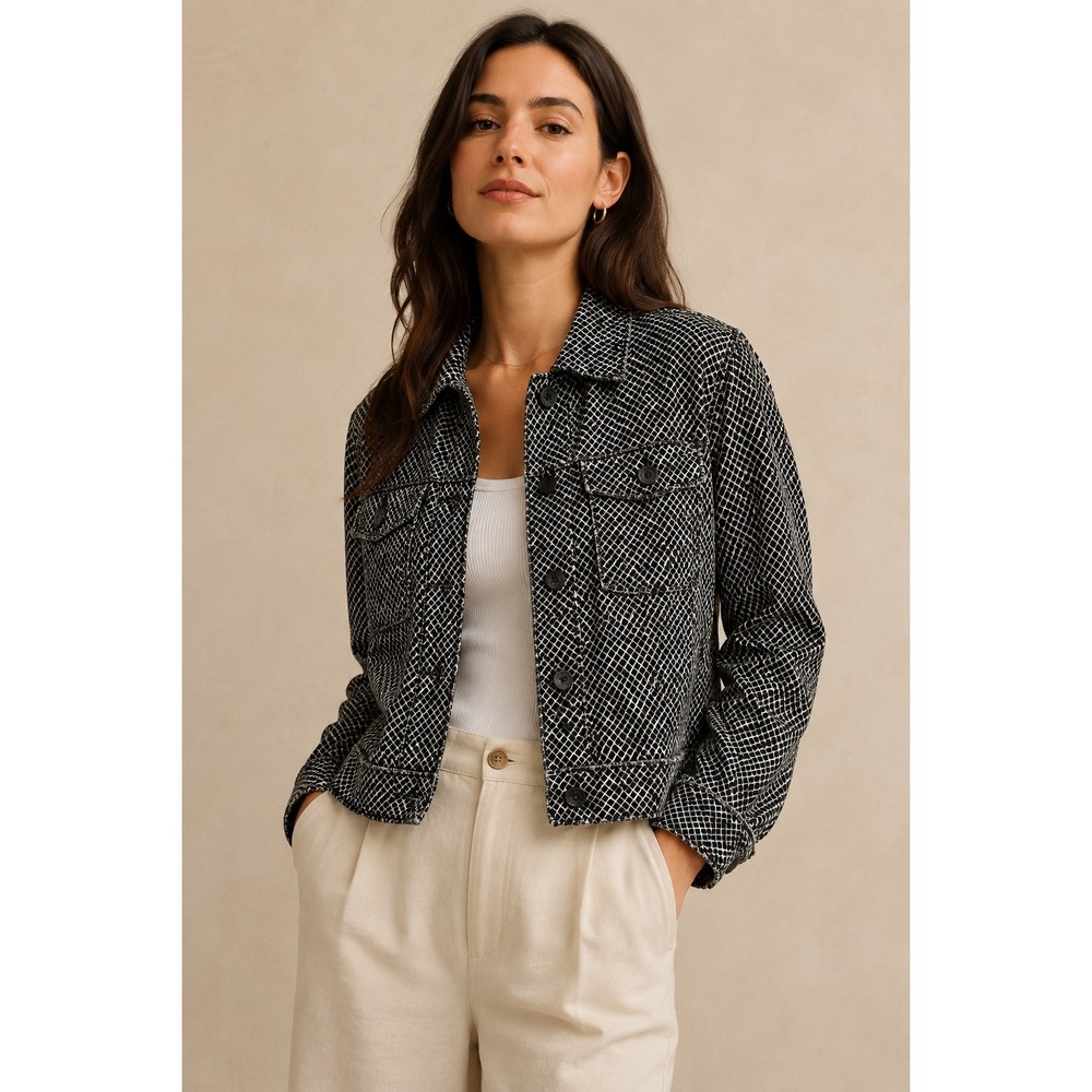 Tommy Bahama Women Black White Linen Geometric Print Button Up Jacket Small
